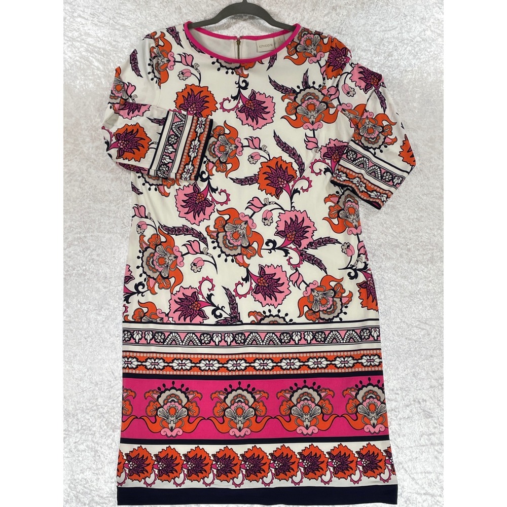 Chicos Shift Dress Women 1 M White Pink Orange Floral Paisley 3/4 Sleeve EX